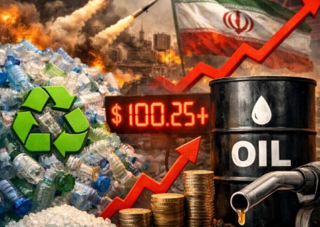 Ilustración conceptual sobre la escasez de stock de plástico, mostrando barriles de petróleo, precios al alza, conflictos geopolíticos y botellas para reciclar.