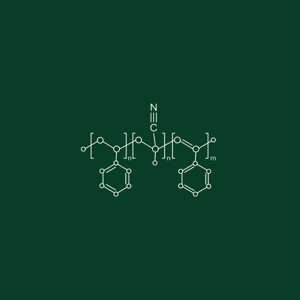 Ilustración estilizada de la estructura molecular del ABS (Acrilonitrilo Butadieno Estireno), dibujada con líneas y círculos blancos sobre un fondo verde oscuro. Este material es uno de los polímeros procesados por la empresa Plasnovo.