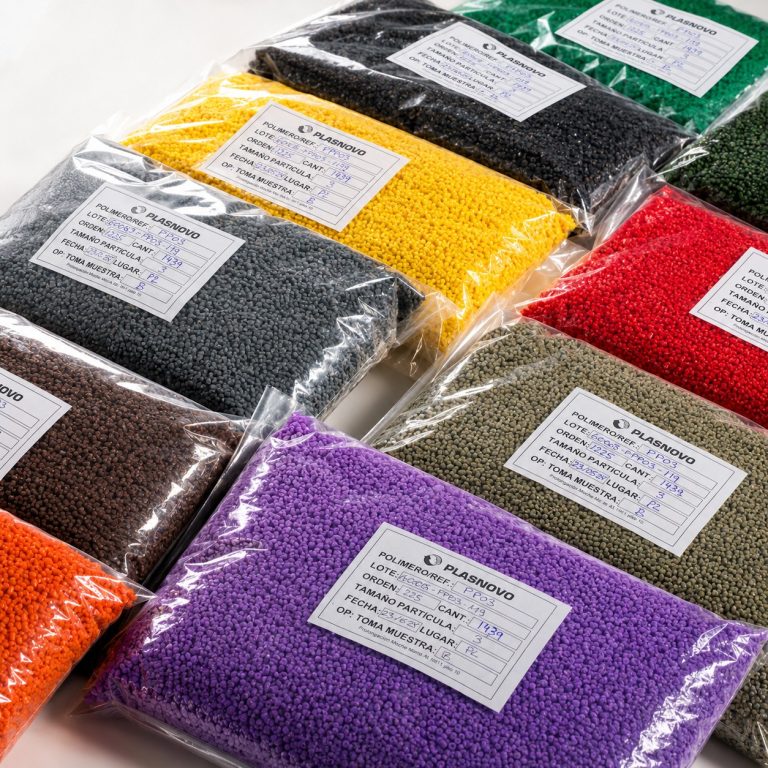 Muestras de granza de plástico reciclada con trazabilidad garantizada. Bolsas de pellets en diferentes colores etiquetadas individualmente para control de calidad en el servicio de maquila. Uno de los servicios de reciclaje de plástico brindados por Plasnovo.