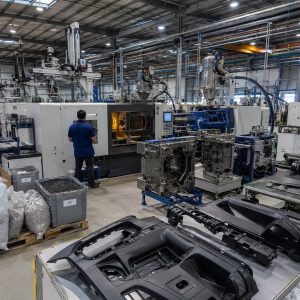 Operario trabajando en una planta de inyección de plástico industrial rodeado de moldes y contenedores de mermas de producción listas para ser gestionadas.