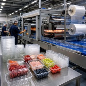 Operarios supervisando una línea industrial de termoformado de envases plásticos para alimentación, donde se generan recortes de scrap listos para ser recuperados mediante procesos de maquila.