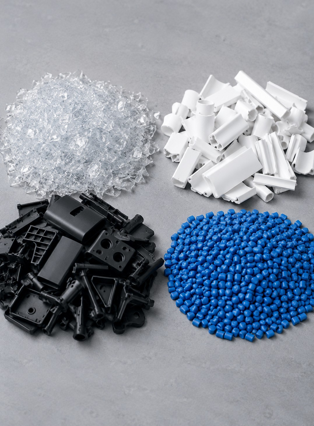Diferentes tipos de plásticos industriales como PET, PVC y ABS clasificados para su reciclaje.