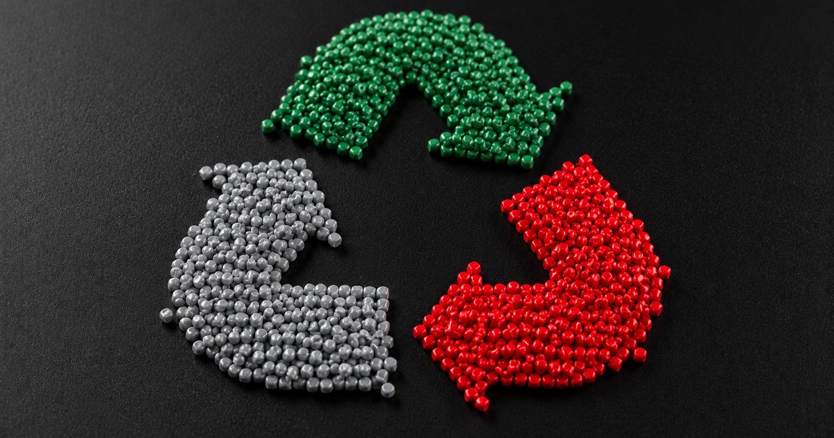 Símbolo de reciclaje formado por granza de plástico reciclado en colores verde, gris y rojo, representando la economía circular en la industria del plástico.